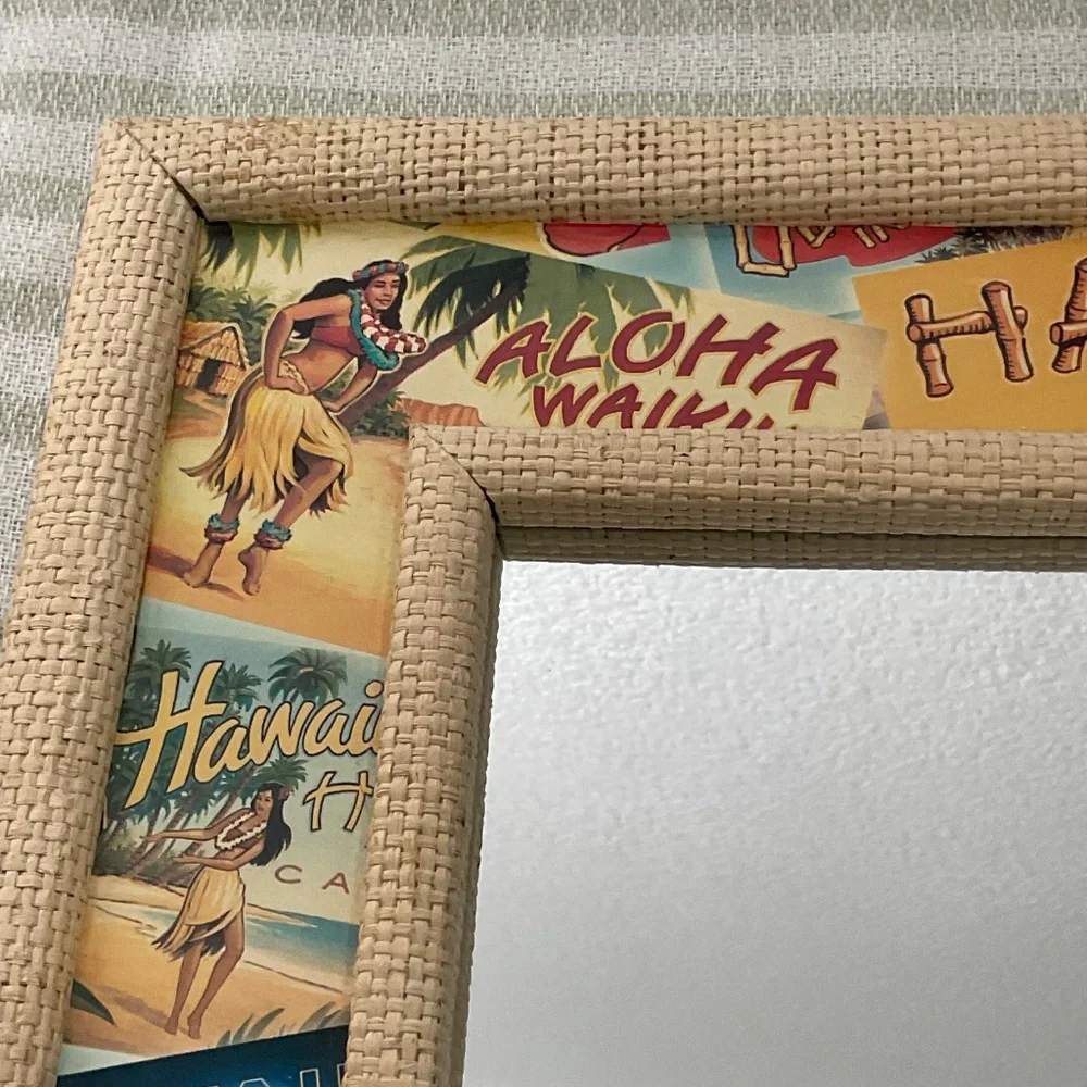 VTG Style Mirror raffia-textured frame Hawaiian Decor Tropical Tiki Bar Boho D